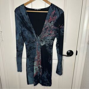 Y2K ANAMA Black Blue Babydoll Style Longsleeve Mini Dress Sz S Whimsygoth Fairy